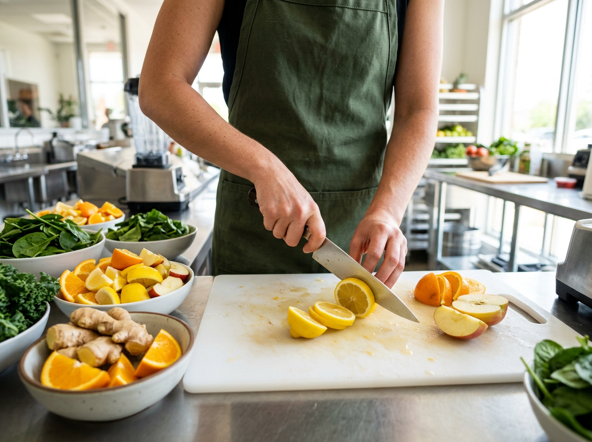 A team member slicing fresh lemons, oranges, and apples in a bright commercial kitchen